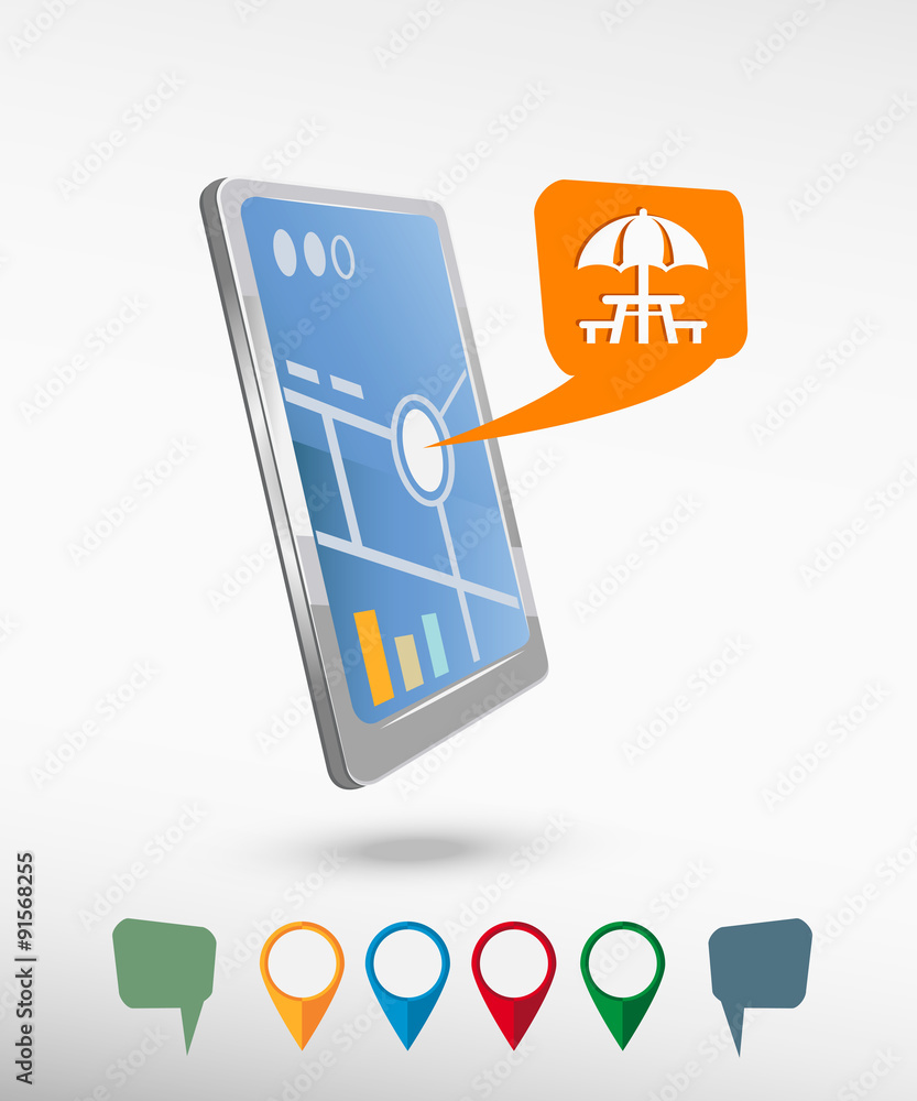Camping and picnic table icon and perspective smartphone vector Camping and picnic table icon and perspective smartphone vector