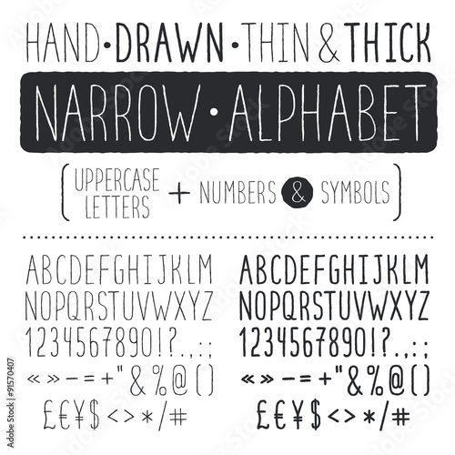 Hand drawn narrow alphabet. Uppercase tall and thin letters isolated on white background. Handdrawn typography. Narrow doodle font.