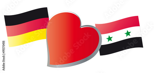 Willkommen in Deutschland - deutsche und syrische Flaggen mit einem Herz verbunden, Spenden, Spendenaufruf, Danken