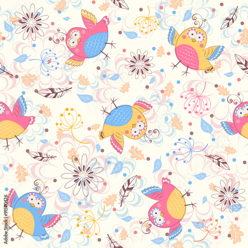 Seamless pattern with birds and flowers.