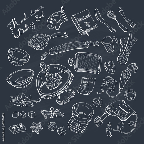 Baking items doodle set. Kitchen tools hand drawn on chalkboard.
