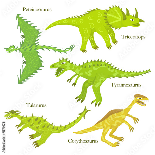 Cartoon dinosaurus collection. Child style dinosaurus drawing. Spinosaurus, parasaurolophus,pterodactyls; diplodocus, stegosaurus. Set 02.