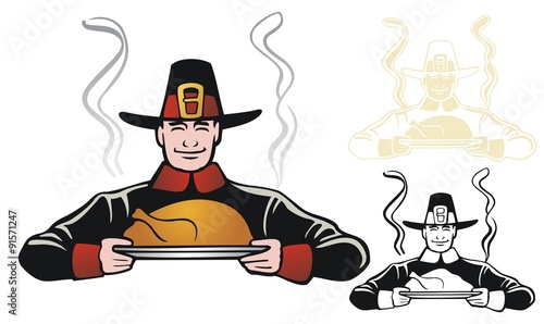 Happy pilgrim with a roasted turkey for thanksgiving