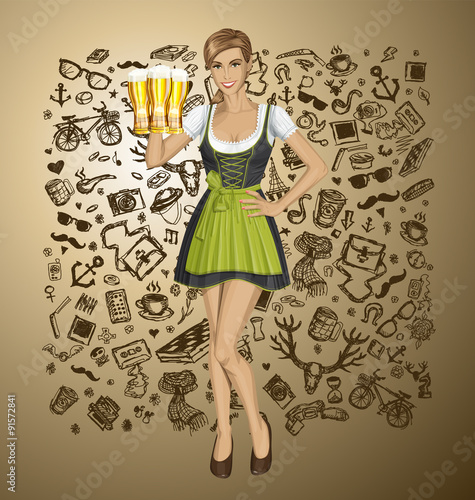 Vector Cute Woman In Drindl On Oktoberfest
