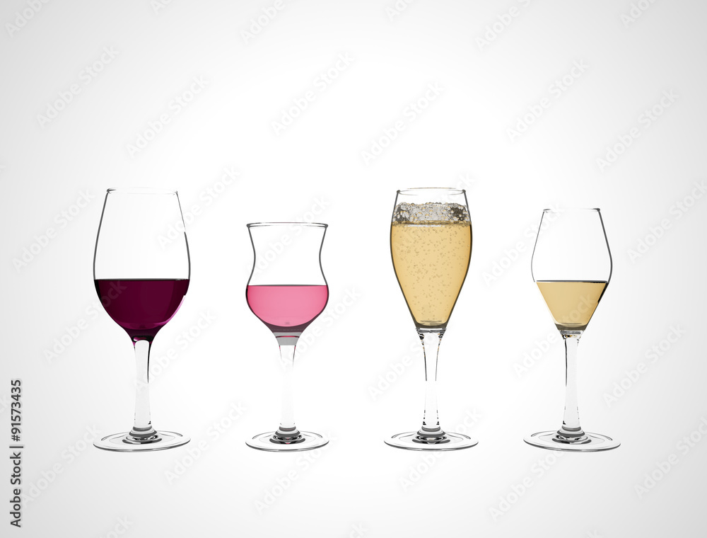 glasses with wine and champagne (3d Render)