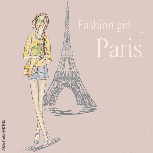 Paris Fashion girl near Eiffel Tower