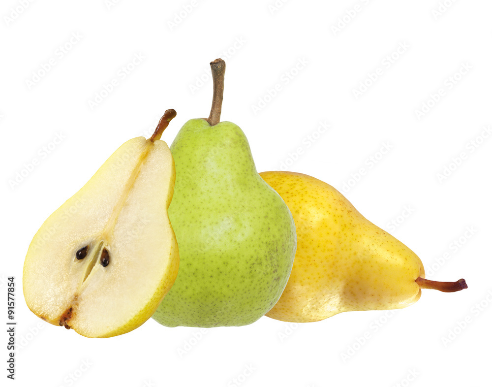 Beautiful fresh green and yellow pears isolated on white Beautiful fresh green and yellow pears isolated on white