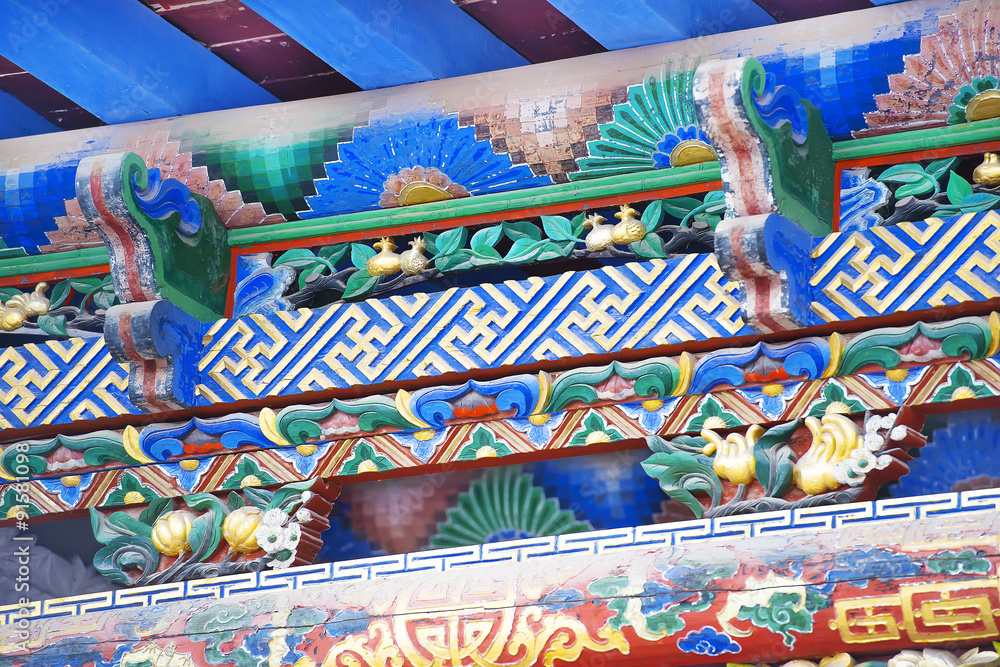 Colorful pagoda under roof ornaments