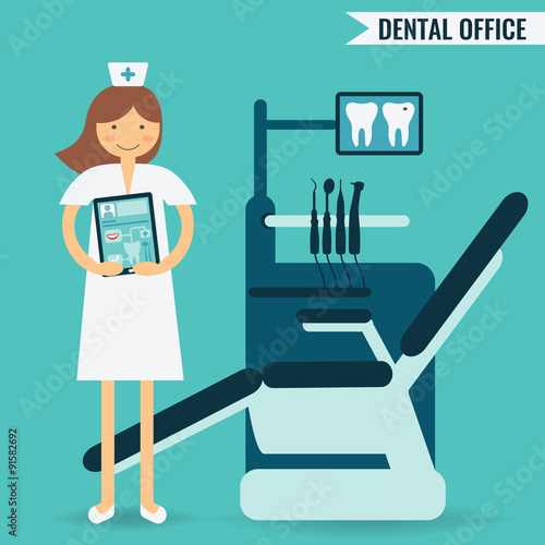 Medical and teeth care concept - dentist standing with tablet computer in her office. 