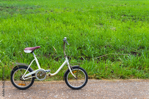 old folding bicycle and green grass meadow
