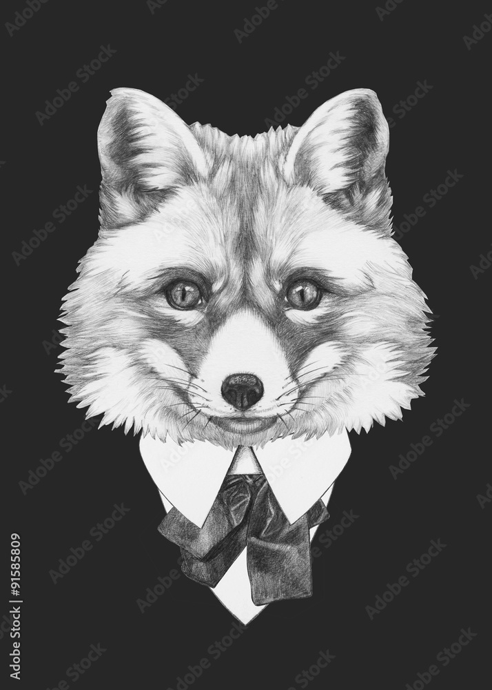 Fototapeta premium Portrait of Fox in suit. Hand drawn illustration.