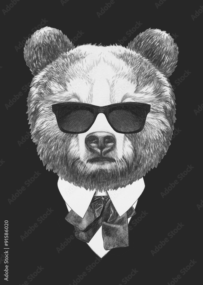 Fototapeta premium Portrait of Bear in suit. Hand drawn illustration.