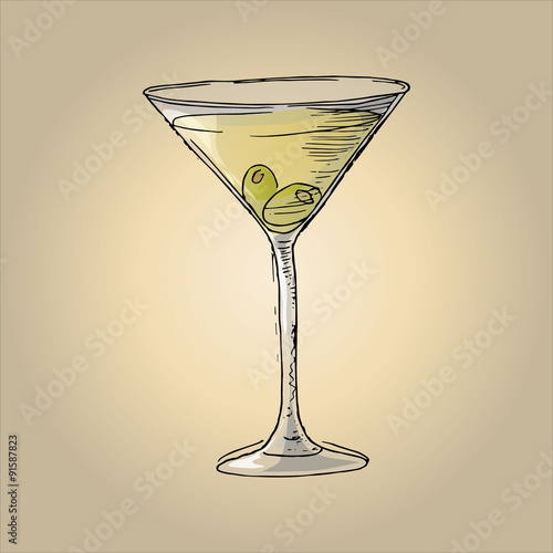 Illustration of martini with olives in a glass