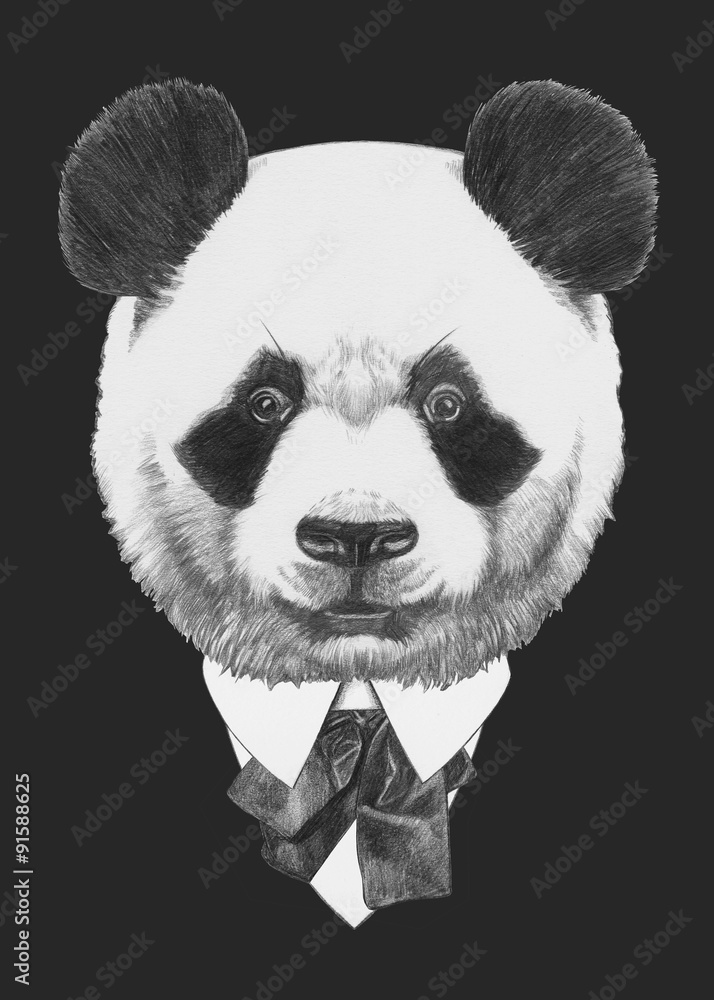 Obraz premium Portrait of Panda in suit. Hand drawn illustration.