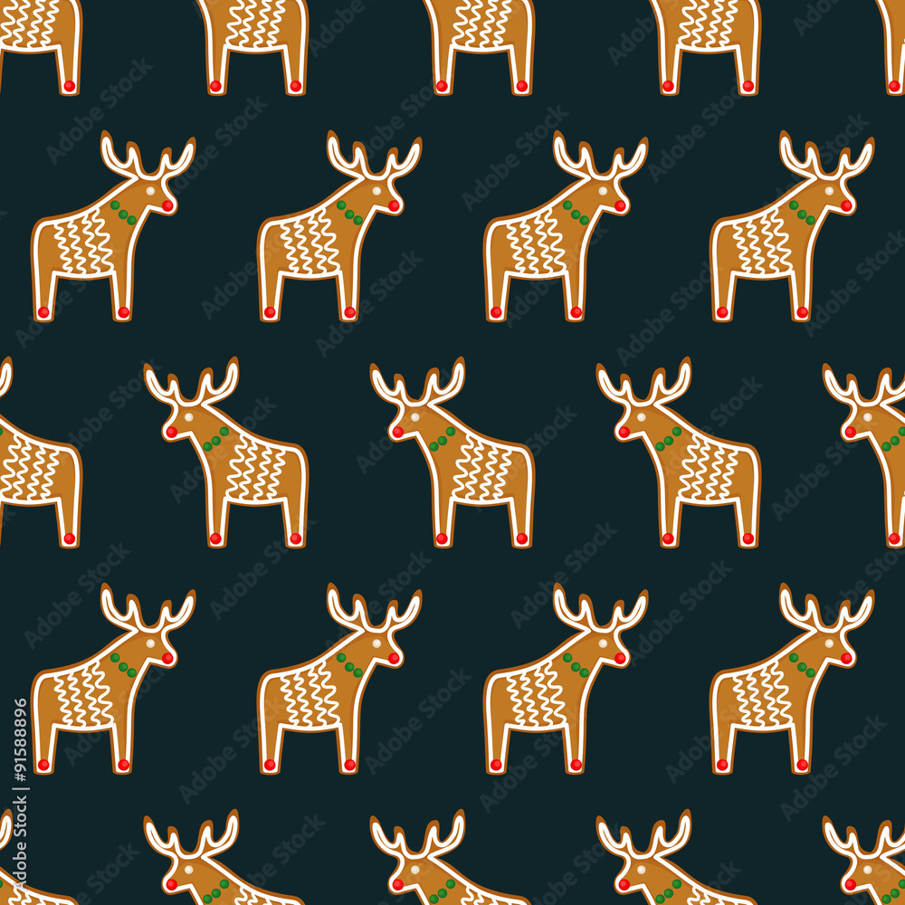 Fototapeta premium Seamless pattern with Christmas gingerbread cookies - xmas deer. Cute winter holiday vector design xmas background.