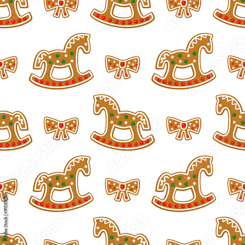 Seamless pattern with Christmas gingerbread cookies - rocking horse and bow. Winter holiday vector design illustration on white background.