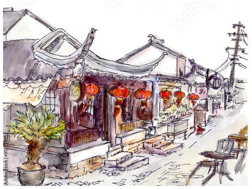 Canvas Print Watercolor painted chinese old town, cafe and red lanterns
