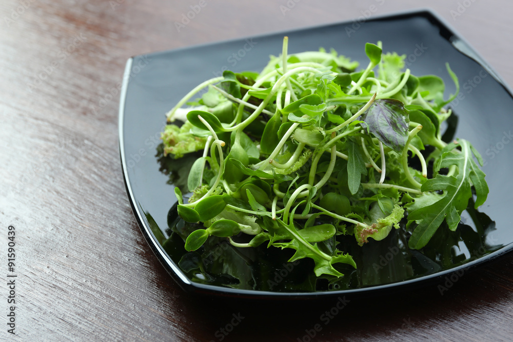 Plate of fresh mixed green salad on wooden table close up Plate of fresh mixed green salad on wooden table close up