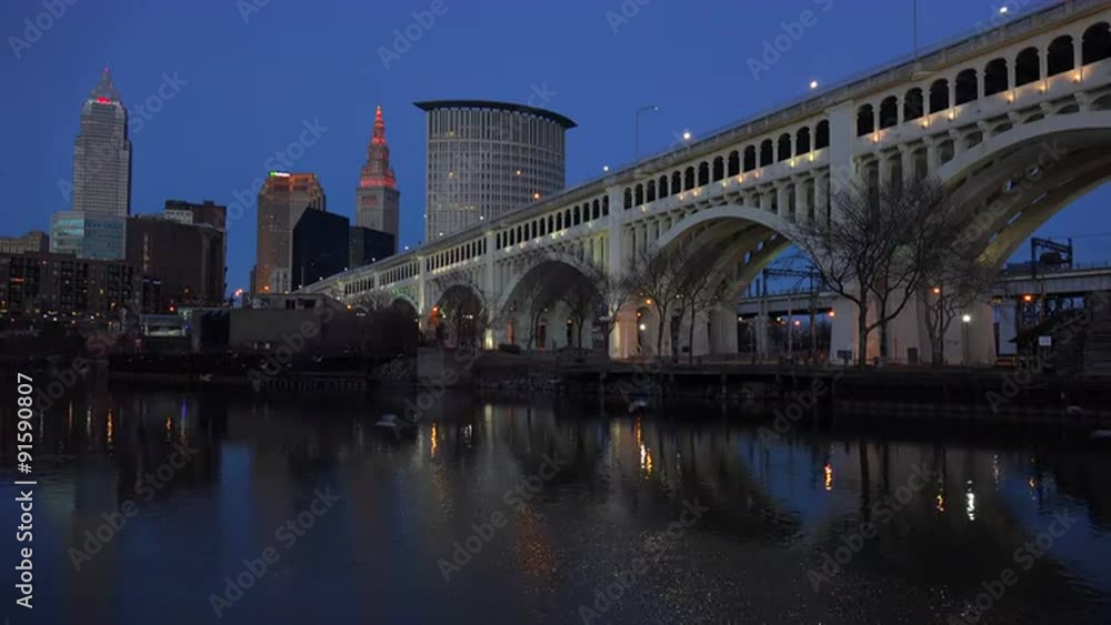 Evening shot of Cleveland, Ohio with bridge foreground. Evening shot of Cleveland, Ohio with bridge foreground.