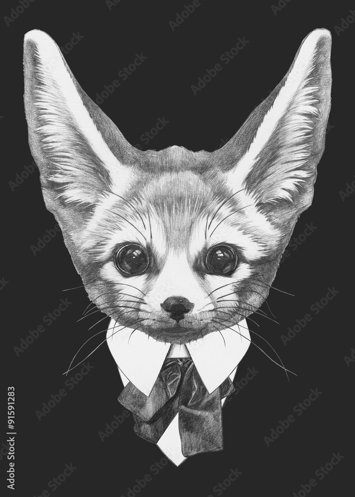 Obraz premium Portrait of Fennec Fox in suit. Hand drawn illustration.