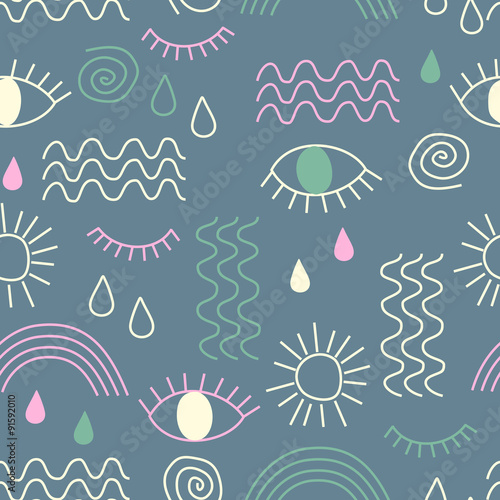 Simple vector abstract seamless pattern with eyes, waves, sun, drops, rainbow. Seamless pattern for wallpapers, pattern fills, web backgrounds, surface textures, textile.