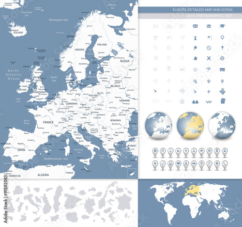 Europe detailed map and icons