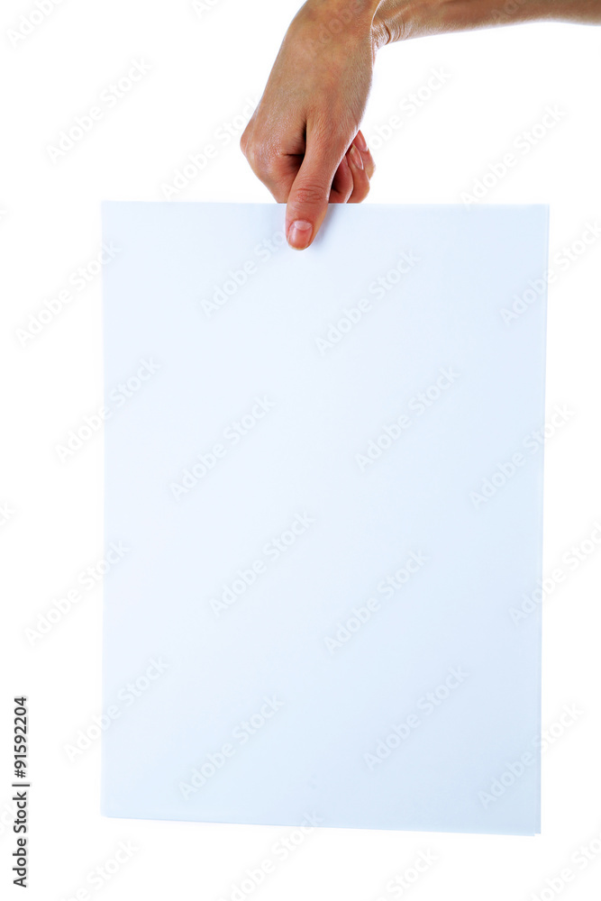 Female hand holding paper blank isolated on white Female hand holding paper blank isolated on white