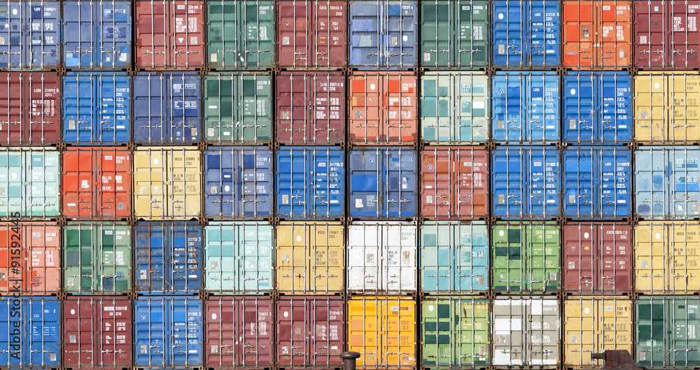 Fotografering, Billede Container im Hafen von Antwerpen, Belgien på  Europosters.dk