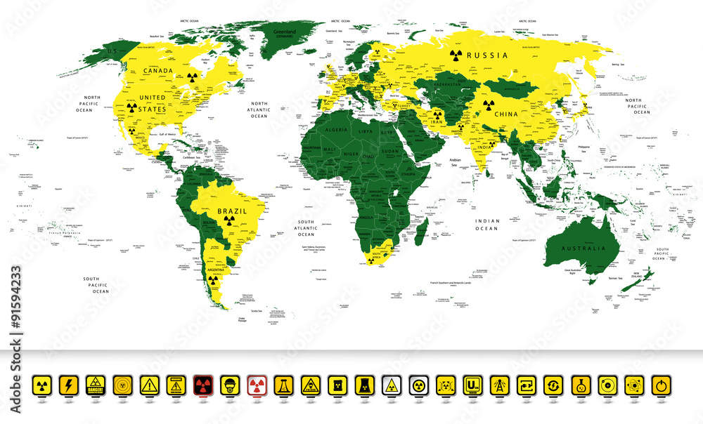 Obraz premium Nuclear power countries on a World map 2