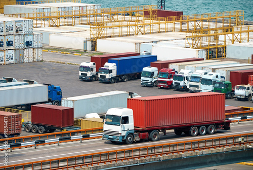 truck transportation container from ship near sea