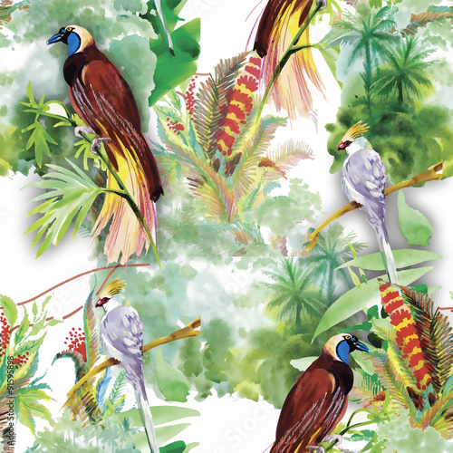 Watercolor Wild exotic birds on flowers seamless pattern on