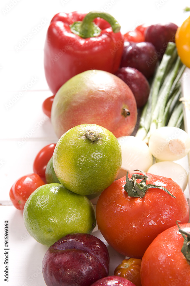 White boards of the vegetables and fruits 