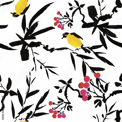 Watercolor Wild exotic birds on flowers seamless pattern on