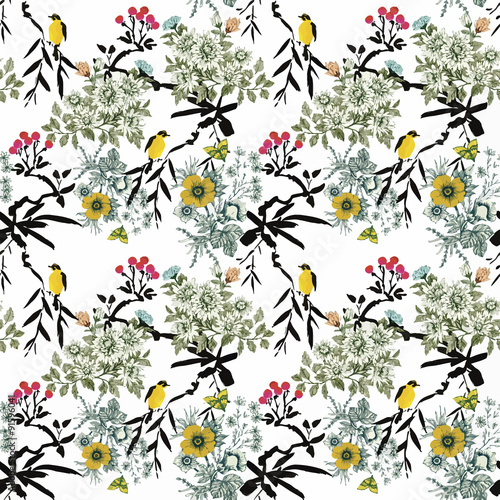 Watercolor Wild exotic birds on flowers seamless pattern on