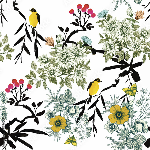 Watercolor Wild exotic birds on flowers seamless pattern on