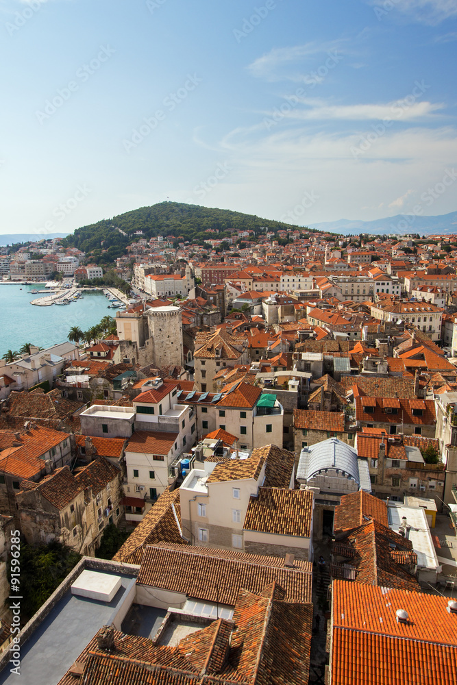 View of Split's historic Diocletian's Palace, old town and Marjan hill from above in Croatia.