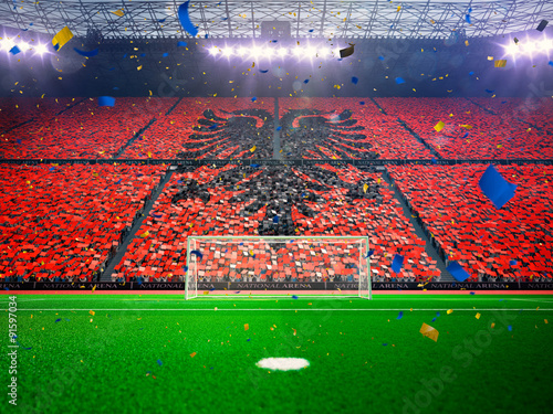 Flag albania of fans. Evening stadium arena Blue