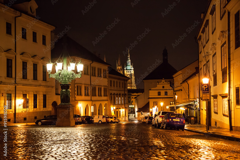 Night View of St Vitus Cathedral from Street Leading to Prague Castle