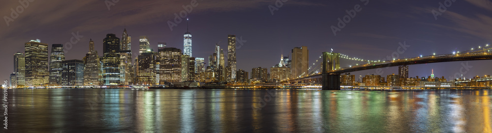 Manhattan skyline at night, New York City panoramic picture, USA
