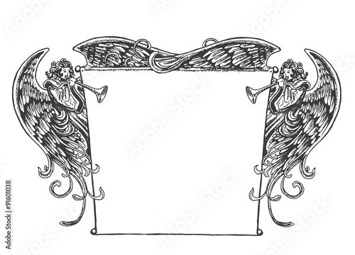 Angel Banner, Vintage Style. Old fashioned drawing of angels holding up a banner while blowing on trumpets. Style is reminiscent of woodcut or engraved period art.