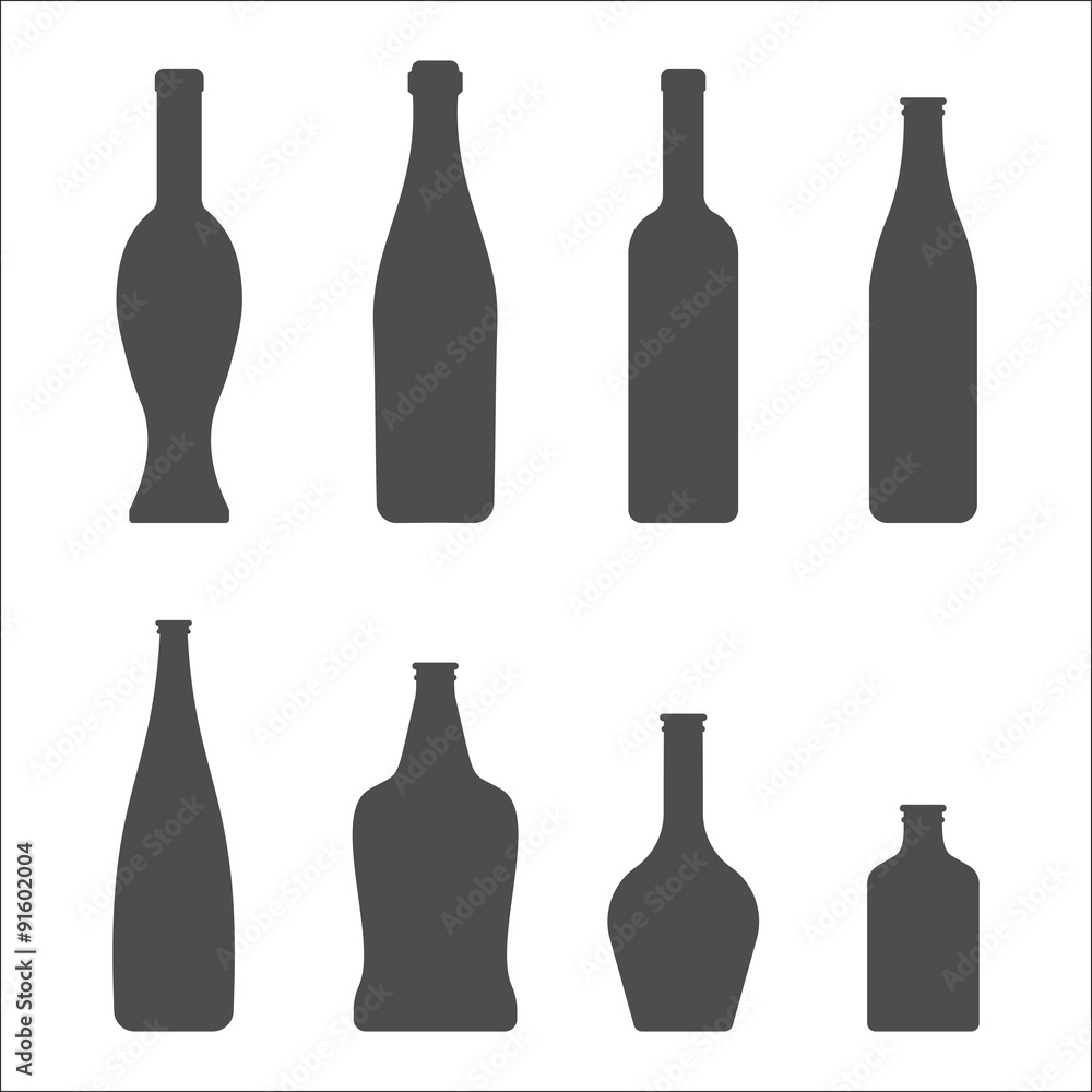 Set of Glass Bottles vector icons. Wine, beer, whiskey, liqueur, champagne and other Bottles silhouette or symbol Set of Glass Bottles vector icons. Wine, beer, whiskey, liqueur, champagne and other Bottles silhouette or symbol