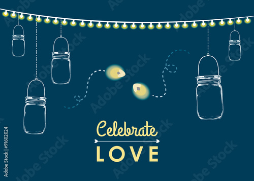 Hanging mason jars with fireflies (vector)