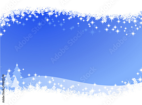 Christmas winter sky lights background. Sparkling Christmas card banner with pine trees and many different snowflakes on the border.