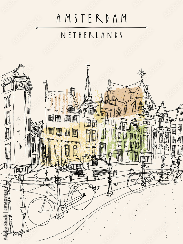 Amsterdam city view. Vector hand drawn vintage postcard or poster