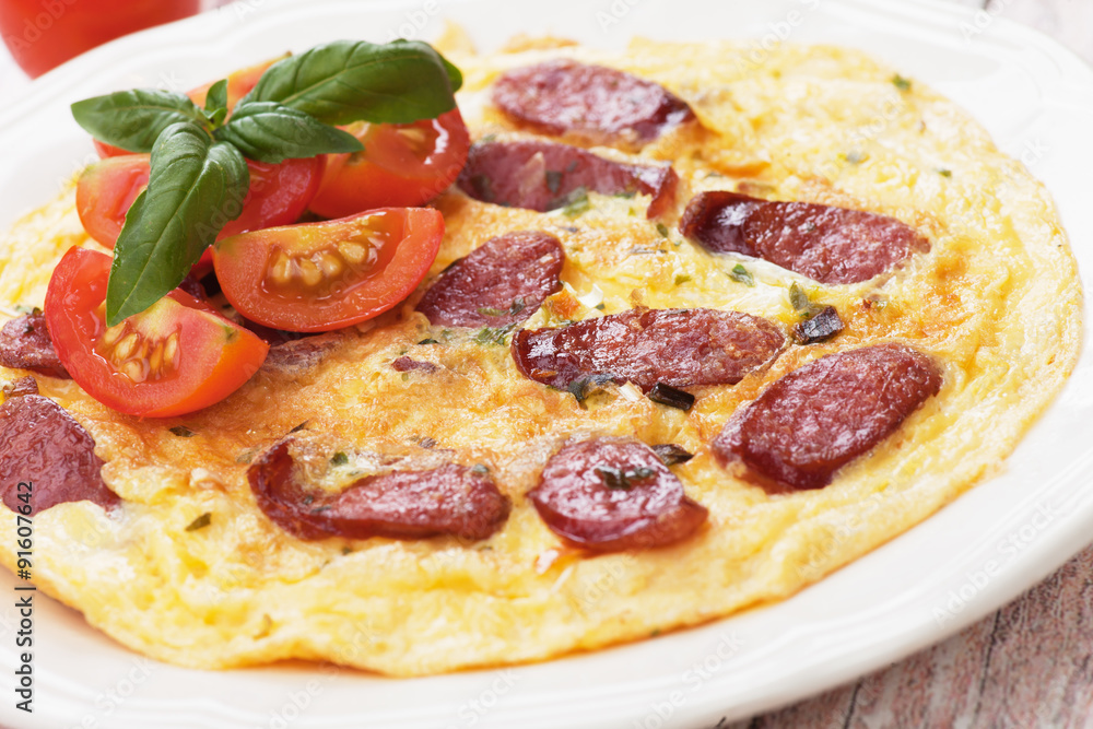 Omelet with pepperoni sausage and cherry tomato Omelet with pepperoni sausage and cherry tomato