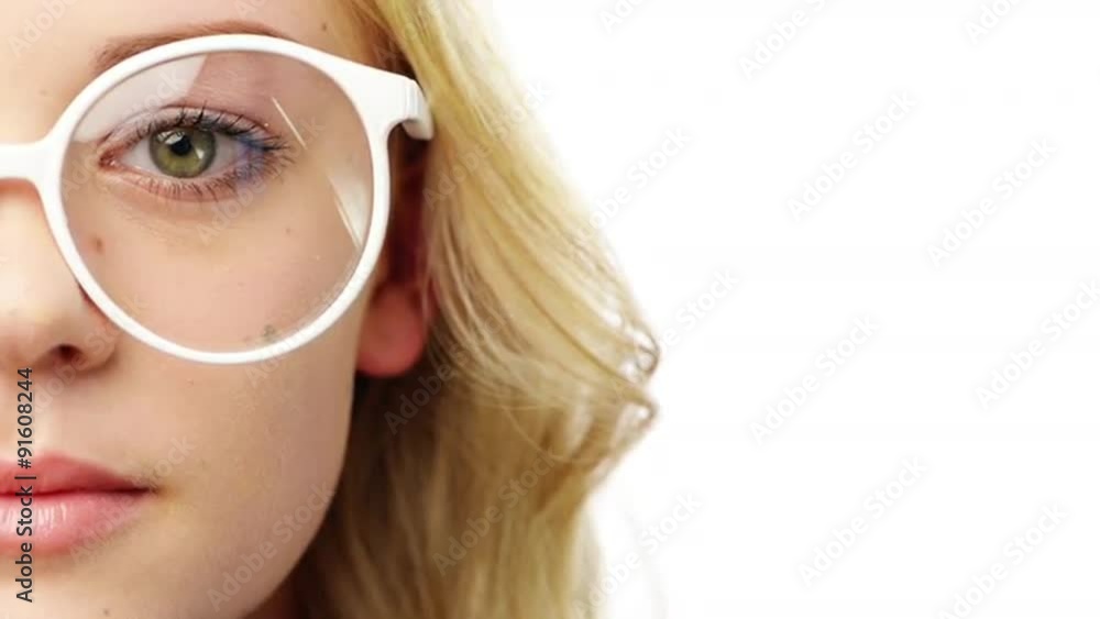 Teenage geek girl portrait close up half face character series isolated on pure white background Teenage geek girl portrait close up half face character series isolated on pure white background