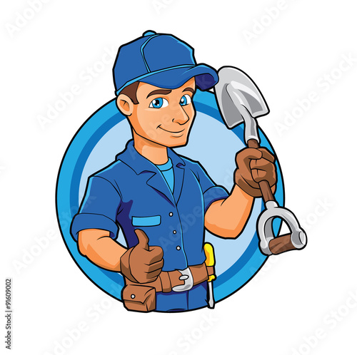 Cartoon plumber holding a big shovel. 