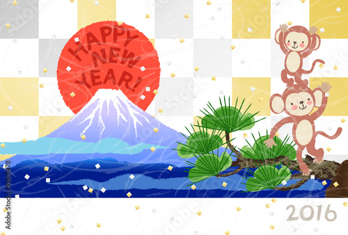 申年　富士山　金銀市松　2016年賀状