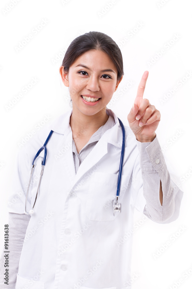 female doctor pointing one finger up female doctor pointing one finger up