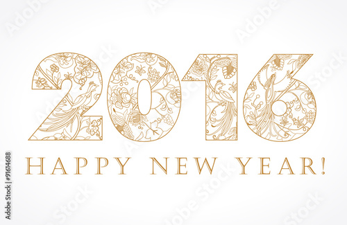 2016 new year gold vintage card. Happy holidays card with ethnic patterns and birds of paradise in 2016.